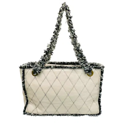 Pre-owned Chanel Beige Black Tweed Leather Tote Bag () In Beige, Black