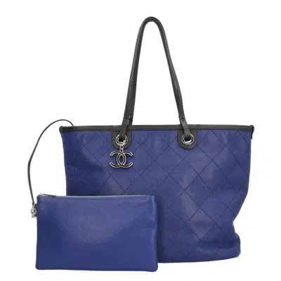 Pre-owned Chanel Black Blue Caviar Leather Tote Bag () In Black, Blue