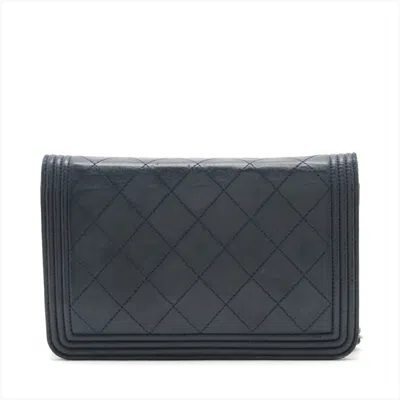 Pre-owned Chanel Navy Leather Chain/shoulder Wallet ()