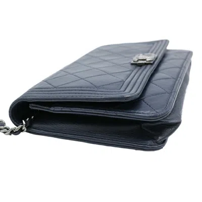 Pre-owned Chanel Navy Leather Chain/shoulder Wallet ()