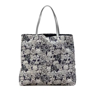Pre-owned Chanel Navy Silver Nylon Leather Pouch Tote Bag () In Navy, Silver