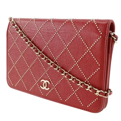 Pre-owned Chanel Red Color Leather Chain/shoulder Wallet ()