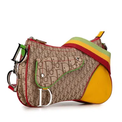 Pre-owned Dior Christian  Beige Brown Yellow Canvas Leather Handbag Pochette Pouch Shoulder Bag () In Beige, Brown, Yellow