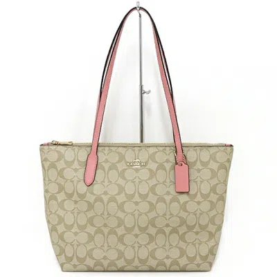 Pre-owned Coach Khaki Light Pink Pvc Coated Canvas Leather Shoulder Bag Tote Bag () In Khaki, Light Pink