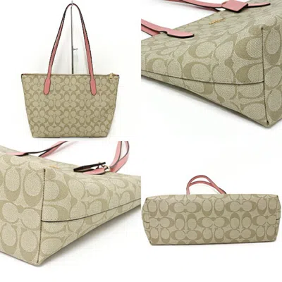 Pre-owned Coach Khaki Light Pink Pvc Coated Canvas Leather Shoulder Bag Tote Bag () In Khaki, Light Pink