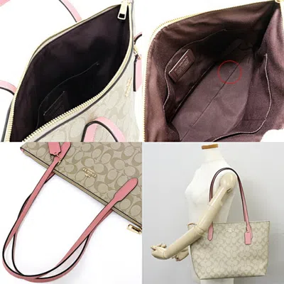 Pre-owned Coach Khaki Light Pink Pvc Coated Canvas Leather Shoulder Bag Tote Bag () In Khaki, Light Pink