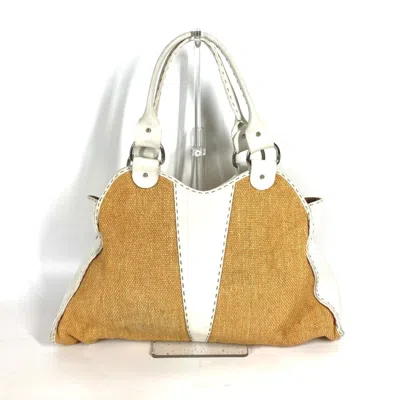 Pre-owned Fendi Selleria Beige White Straw Beach Bag Shoulder Bag () In Beige, White