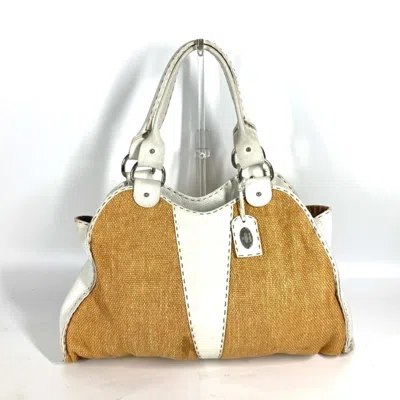 Pre-owned Fendi Selleria Beige White Straw Beach Bag Shoulder Bag () In Beige, White