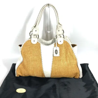 Pre-owned Fendi Selleria Beige White Straw Beach Bag Shoulder Bag () In Beige, White