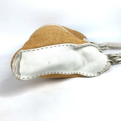 Pre-owned Fendi Selleria Beige White Straw Beach Bag Shoulder Bag () In Beige, White