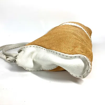 Pre-owned Fendi Selleria Beige White Straw Beach Bag Shoulder Bag () In Beige, White