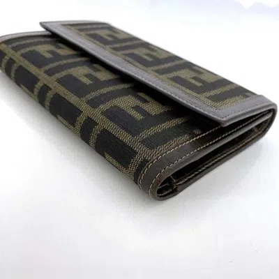 Pre-owned Fendi Zucca Khaki Brown Canvas Leather Wallet (tri-fold) ()