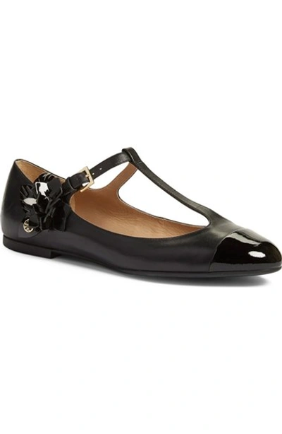 Tory Burch Blossom Leather And Patent Leather T-strap Ballerinas In Black