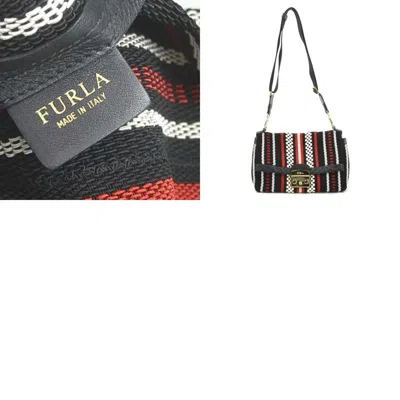 Pre-owned Furla Black Ivory Red Color Nylon Cotton Leather Shoulder Bag () In Black, Ivory, Red Color