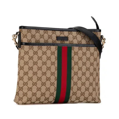 Pre-owned Gucci Beige Black Canvas Leather Shoulder Bag () In Beige, Black