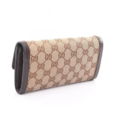 Pre-owned Gucci Beige Brown Canvas Leather Long Wallet (bi-fold) () In Beige, Brown