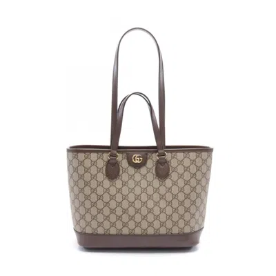 Pre-owned Gucci Beige Brown Pvc Coated Canvas Leather Tote Bag () In Beige, Brown