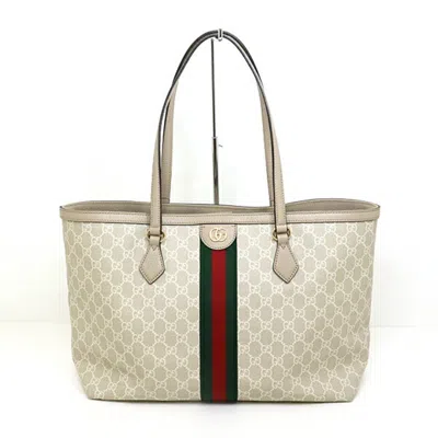 Pre-owned Gucci Beige Green Red Color White Gg Supreme Canvas Tote Bag () In Beige, Green, Red Color, White
