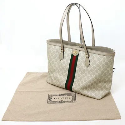 Pre-owned Gucci Beige Green Red Color White Gg Supreme Canvas Tote Bag () In Beige, Green, Red Color, White