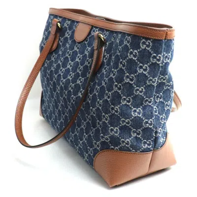 Pre-owned Gucci Blue Brown Denim Leather Tote Bag () In Blue, Brown