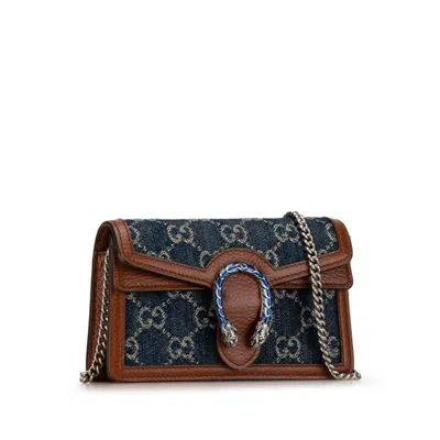 Pre-owned Gucci Brown Navy Denim Leather Shoulder Bag () In Brown, Navy