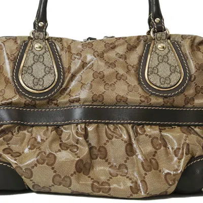 Pre-owned Gucci Gg Crystal Beige Dark Brown Pvc Leather Boston Bag Handbag () In Beige, Dark Brown