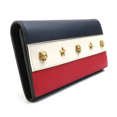 Pre-owned Gucci Navy Off-white Red Color Leather Long Wallet (bi-fold) () In Navy, Off-white, Red Color