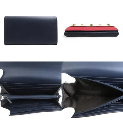 Pre-owned Gucci Navy Off-white Red Color Leather Long Wallet (bi-fold) () In Navy, Off-white, Red Color