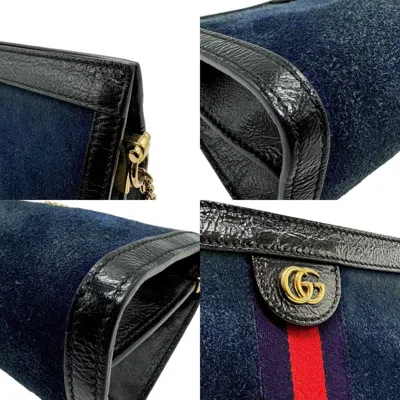 Pre-owned Gucci Navy Red Color Suede Leather Shoulder Bag () In Navy, Red Color