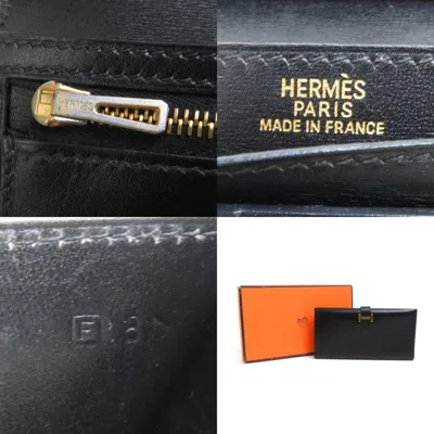 Pre-owned Hermes Black Box Calf Leather Long Wallet (bi-fold) ()
