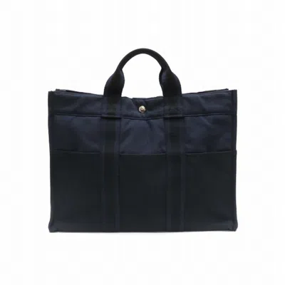 Pre-owned Hermes Black Navy Canvas Handbag Tote Bag () In Black, Navy
