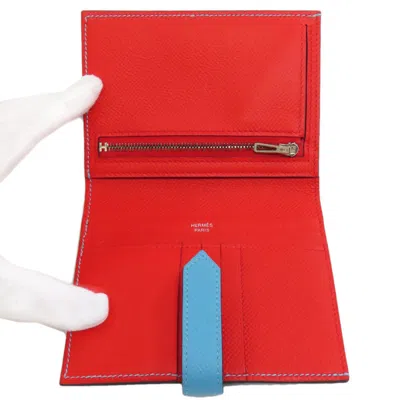 Pre-owned Hermes Blue Red Color Epsom Leather Wallet (bi-fold) () In Blue, Red Color