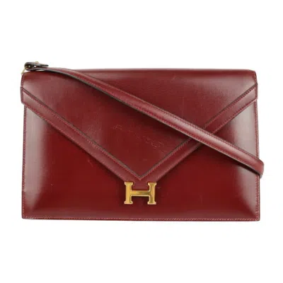 Pre-owned Hermes Bordeaux Rouge H Box Calf Leather Clutch Bag Handbag () In Bordeaux, Rouge H