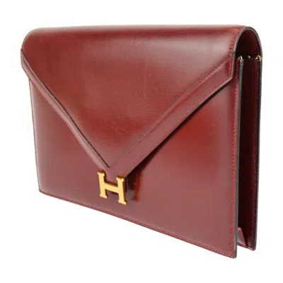 Pre-owned Hermes Bordeaux Rouge H Box Calf Leather Clutch Bag Handbag () In Bordeaux, Rouge H