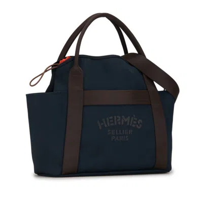 Pre-owned Hermes Brown Navy Canvas Leather Handbag Shoulder Bag Tote Bag () In Brown, Navy