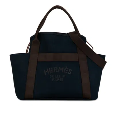 Pre-owned Hermes Brown Navy Canvas Shoulder Bag Tote Bag () In Brown, Navy