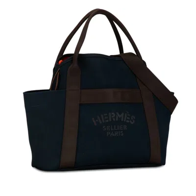 Pre-owned Hermes Brown Navy Canvas Shoulder Bag Tote Bag () In Brown, Navy