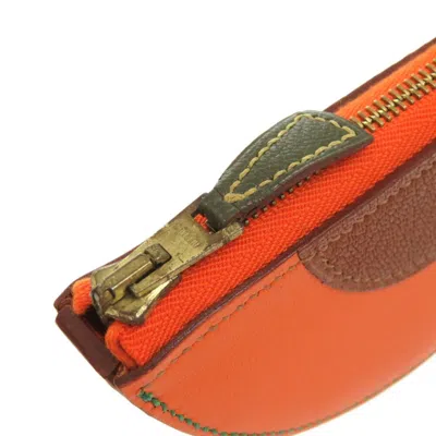 Pre-owned Hermes Brown Orange Leather Coin Purse/coin Case () In Brown, Orange