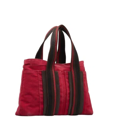 Pre-owned Hermes Brown Red Color Canvas Handbag Tote Bag () In Brown, Red Color