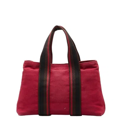 Pre-owned Hermes Brown Red Color Canvas Handbag Tote Bag () In Brown, Red Color