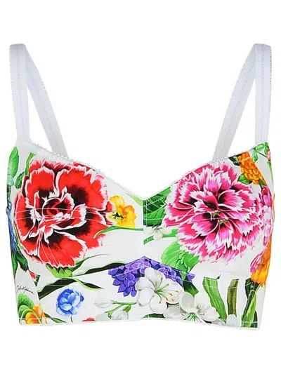 Dolce & Gabbana Multicolor Top With All-over Floral Motif And Adjustable Shoulder Straps In Cotton Blend Woman