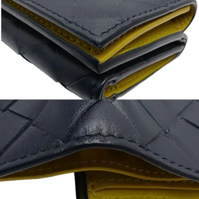 Pre-owned Bottega Veneta Intrecciato Navy Yellow Intrecciato Wallet (tri-fold) () In Navy, Yellow