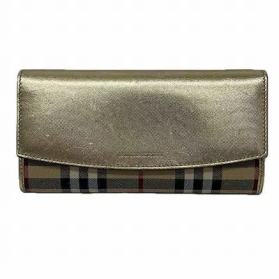 Pre-owned Burberry Beige Gold Leather Canvas Long Wallet (bi-fold) () In Beige, Gold
