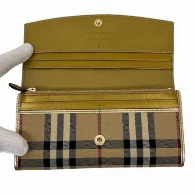 Pre-owned Burberry Beige Gold Leather Canvas Long Wallet (bi-fold) () In Beige, Gold