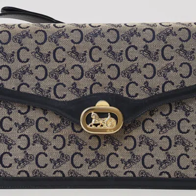Pre-owned Celine Beige Navy Canvas Leather Shoulder Bag () In Beige, Navy