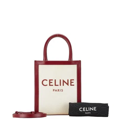 Pre-owned Celine Red Color White Canvas Leather Handbag Shoulder Bag () In Red Color, White
