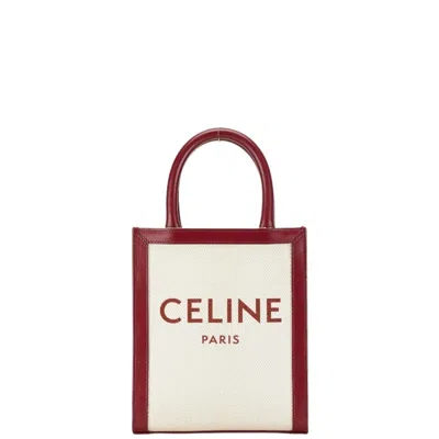 Pre-owned Celine Red Color White Canvas Leather Handbag Shoulder Bag () In Red Color, White
