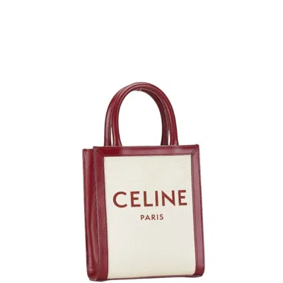 Pre-owned Celine Red Color White Canvas Leather Handbag Shoulder Bag () In Red Color, White