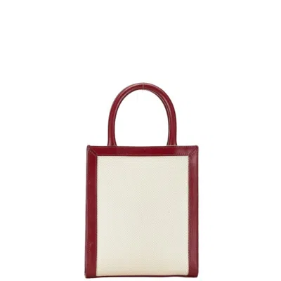 Pre-owned Celine Red Color White Canvas Leather Handbag Shoulder Bag () In Red Color, White