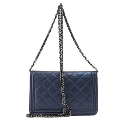 Pre-owned Chanel Navy Leather Chain/shoulder Wallet ()